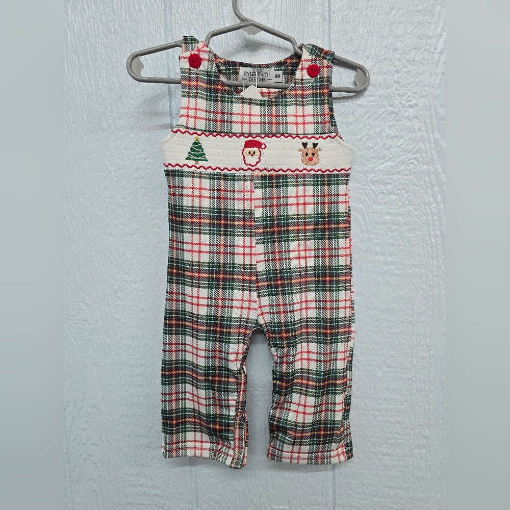 NWT 6month Plaid Holiday Overalls with Festive Embroidery Rylee Faith Designs